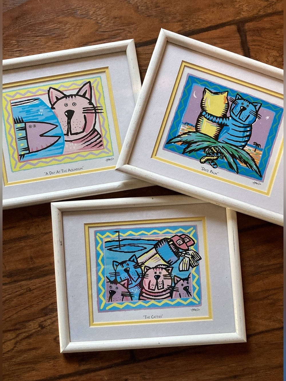 HUESSO cat art framed x3 Date Palm, The Catties, a day at the Aquarium